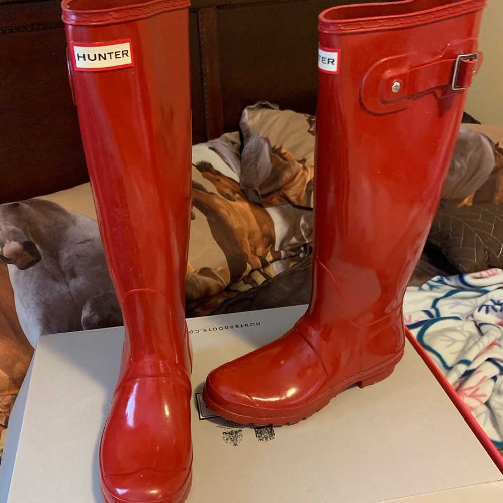 Glossy red hunter boots